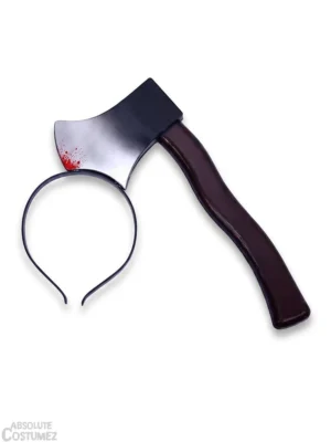 Bloody axe headband with dark brown handle and blood-splattered silver blade, Halloween accessory Singapore