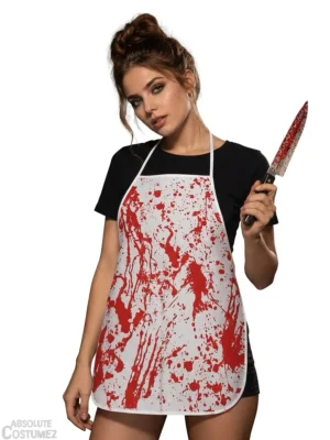 Woman wearing white bloody apron with red blood splatter print and holding a bloody knife, Halloween costume accessory Singapore