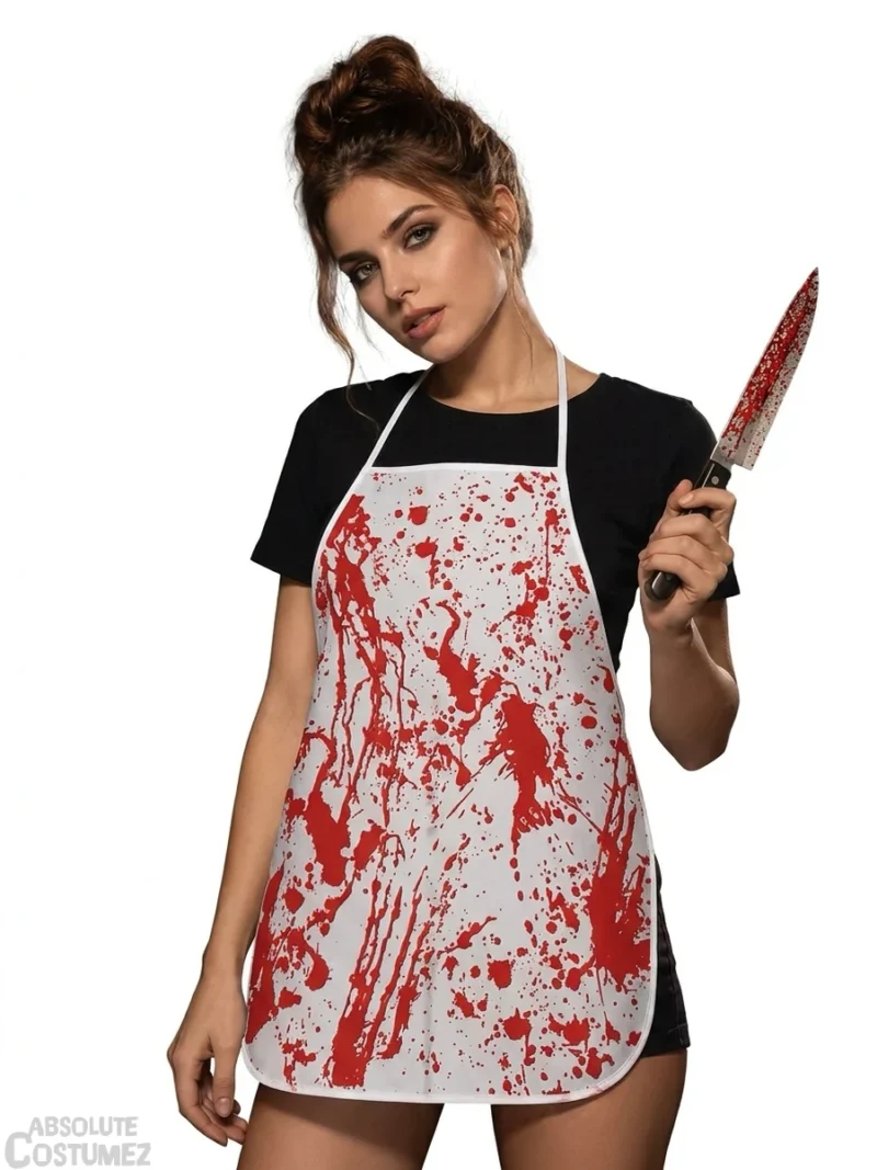 Bloody Apron Halloween Costume Accessory 1 Woman wearing white bloody apron with red blood splatter print and holding a bloody knife, Halloween costume accessory Singapore