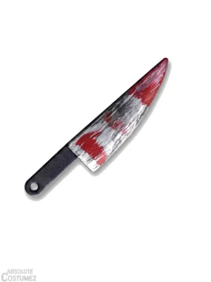 Bloody knife Halloween prop with silver blade, red blood splatters and black handle