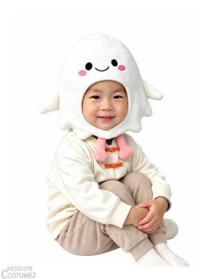Toddler wearing cute baby ghost headgear, white fluffy Halloween hat
