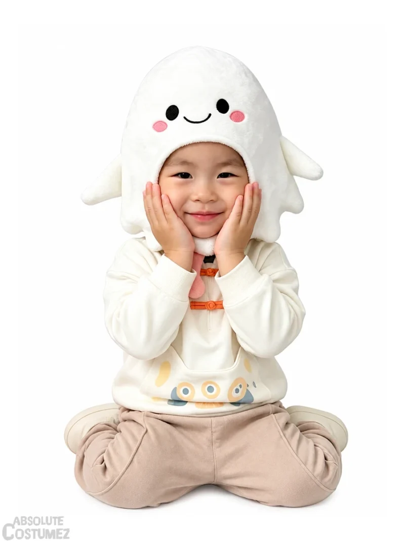 Smiling toddler in cute baby ghost headgear with hands on cheeks