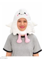 Girl wearing ghost headgear for kids, white fluffy ghost hat with pink dangling arms