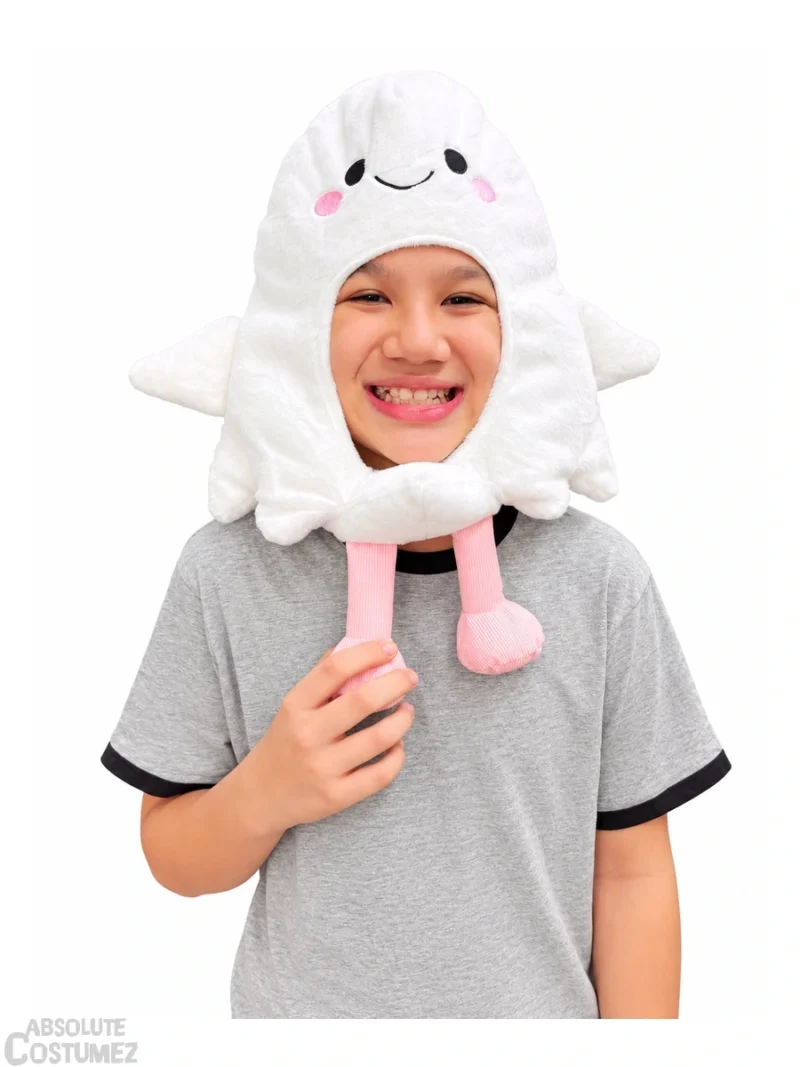 Smiling kid holding the pink arms of the ghost headgear for kids