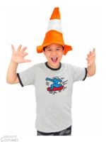 Boy wearing traffic cone funny hat with excited expression