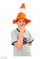 Child wearing orange and white traffic cone hat in a thinking pose