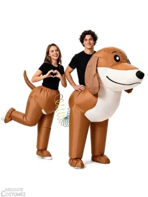 Two people wearing Slinky Dog inflatable costume with brown dog body and spring, Toy Story style